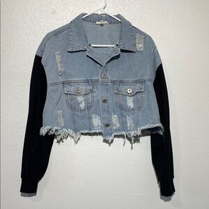 Dance & Marvel Distressed Denim Cropped Jacket with Black Sleeves